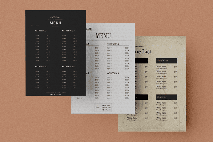 Three digital menu templates in different styles — black modern, minimalist gray, and vintage wine list — displayed side by side on a warm beige textured background.